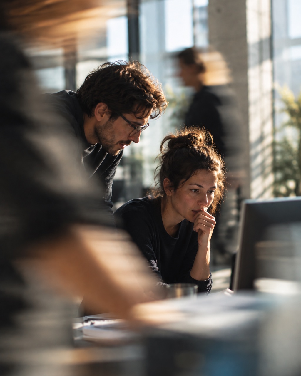 Two colleagues focus on a computer screen in an open-plan office, backlit by warm late-afternoon light