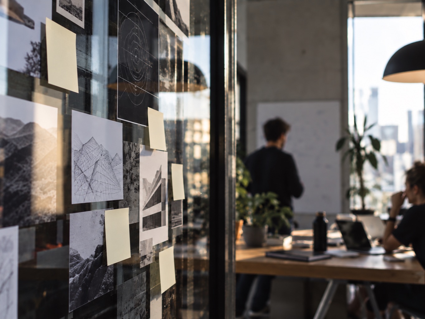 Visual research wall covered with photographs and sticky notes, with a team working in the background